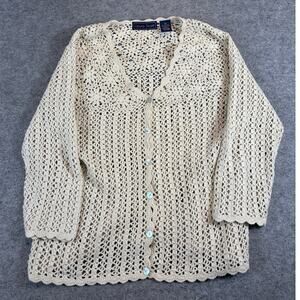 VINTAGE Laura Scott Crochet Knit Cardigan Women Medium Cream Sweater Cottagecore